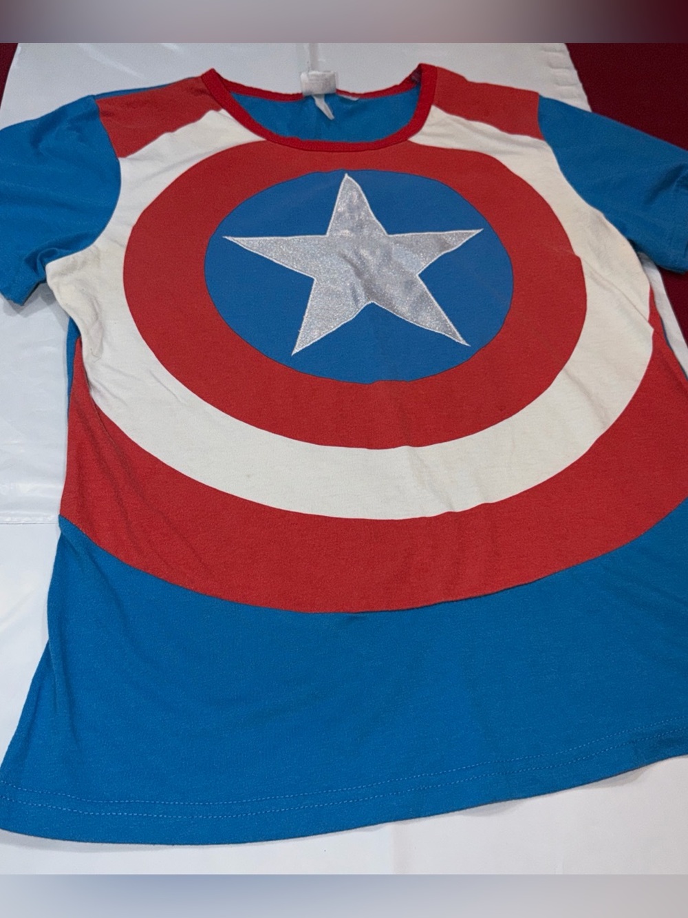 Super hero blue red t shirt womens M L captain America shiny silver star costume